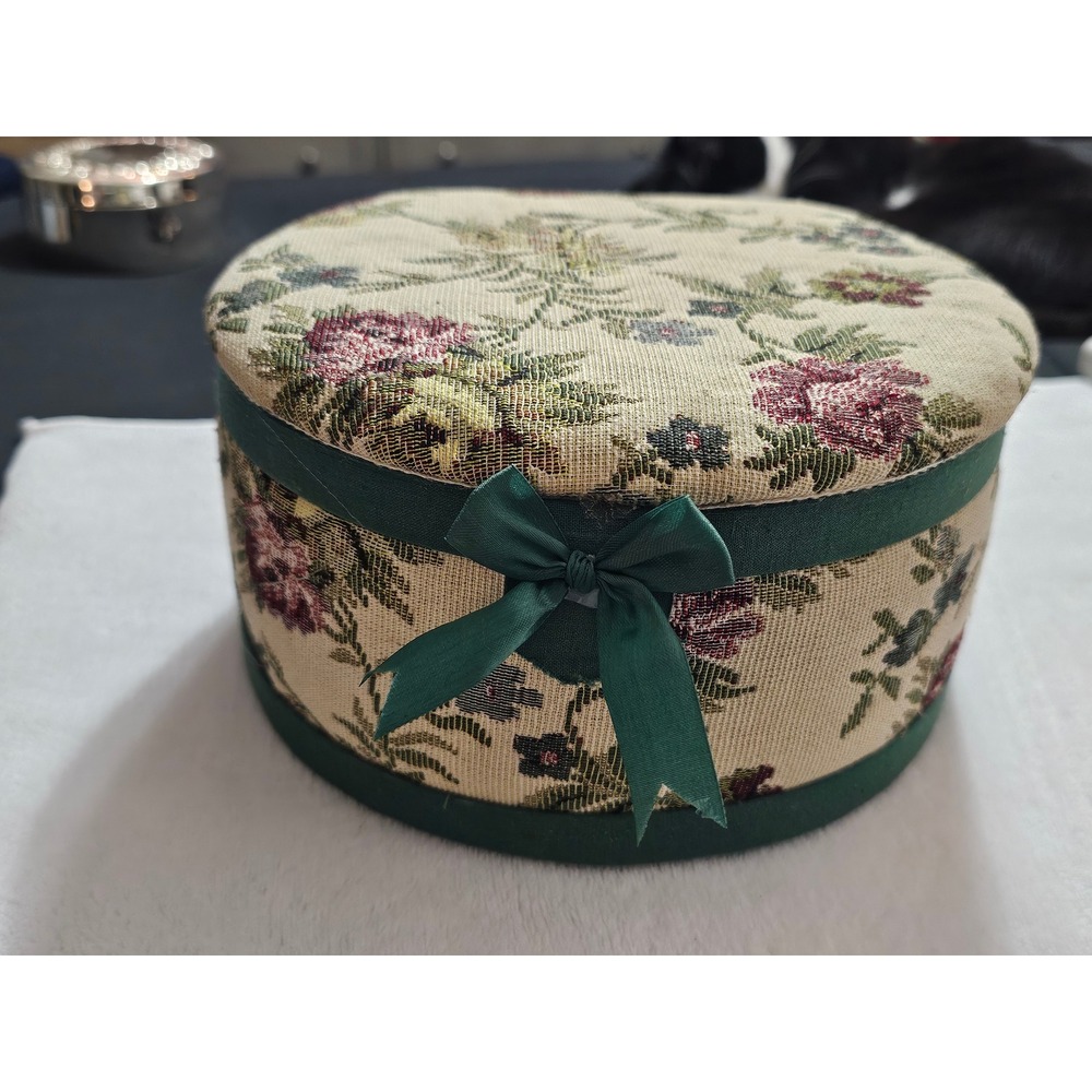 Vintage Floral Tapestry Round Jewelry Box Green Ribbon Lace Trim Keepsake Case